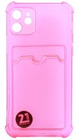 Силиконовый чехол для Apple iPhone 12 с кардхолдером и уголками прозрачный розовый