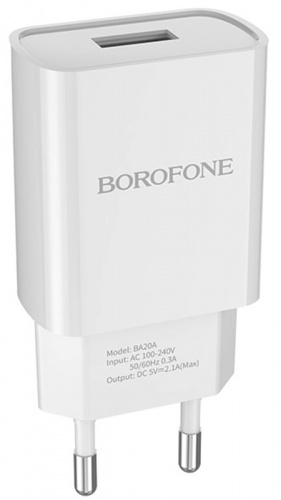 СЗУ 1 USB Borofone, BA20A, Sharp, 2100mA, пластик белый
